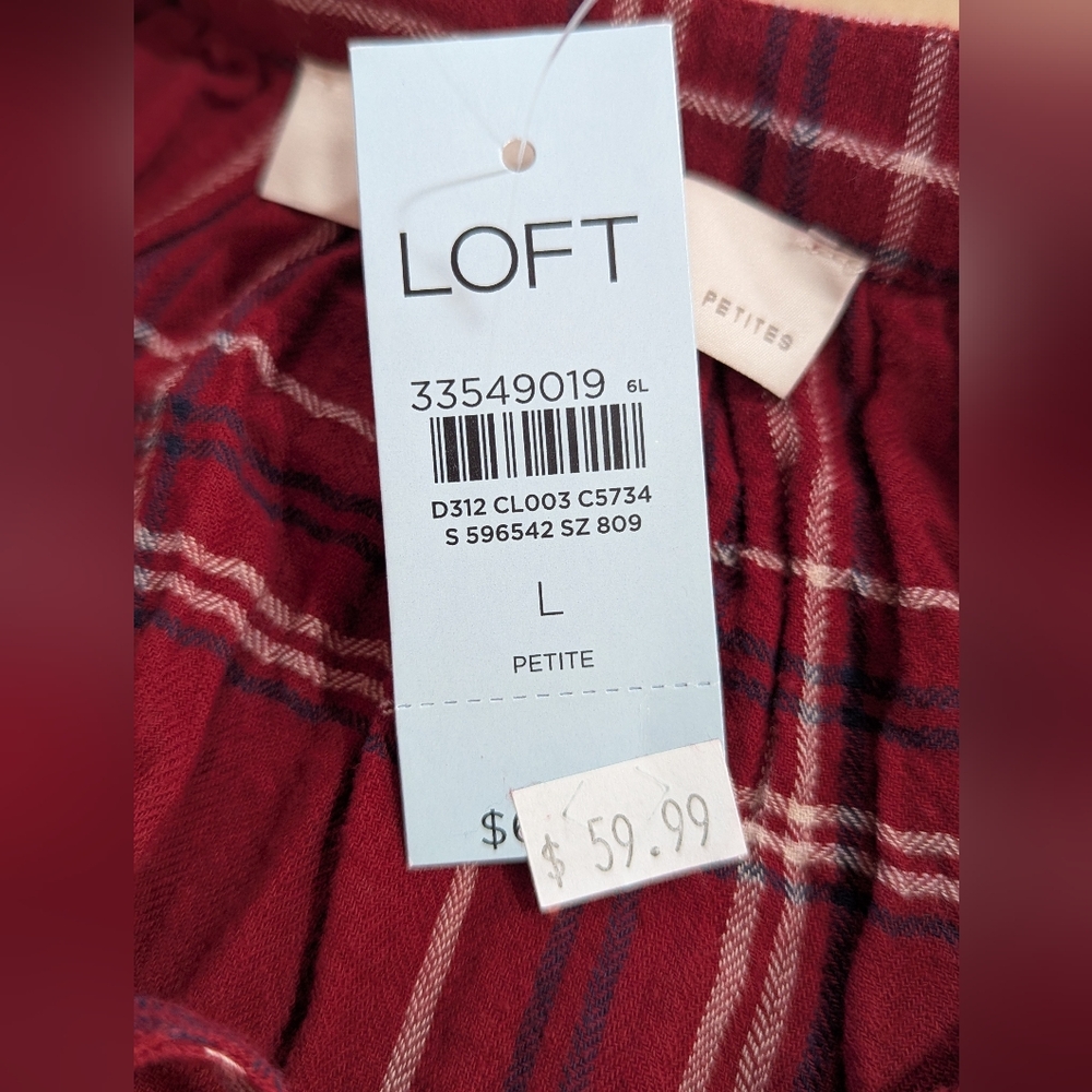 Loft Blouse Red Blue White Plaid Tie-Neck Puff Sleeve Top Size L Petite *NWT - Picture 10 of 16